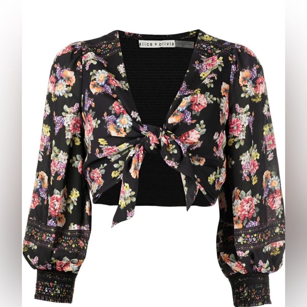 Alice + Olivia Marlee Tie Front Long Sleeve Top Black Magnolia Floral